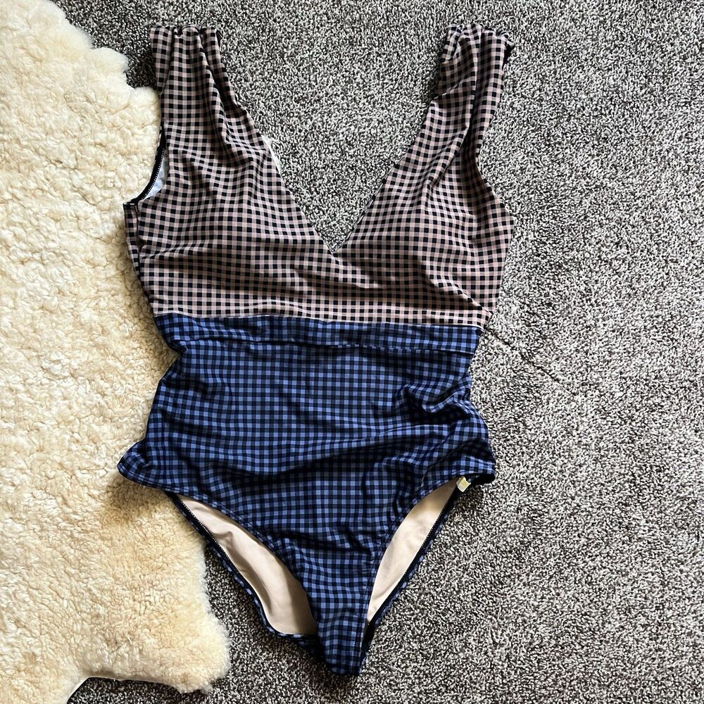 summersalt Two-Tone Gingham One-Piece Swimsuit in Navy and Brown